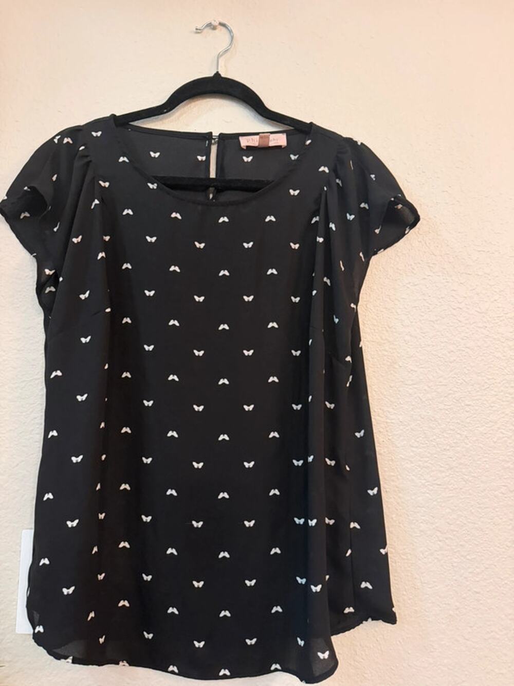Philosophy Shirt Womens Black Butterfly Print Short Sleeve Blouse Top - Medium